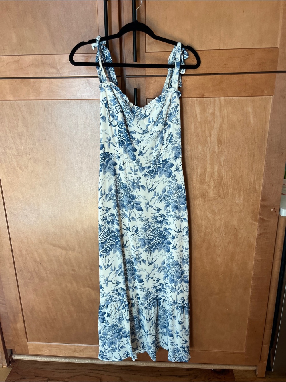 Reformation Nikita Dress Blue and Cream Smocked Floral Dress
